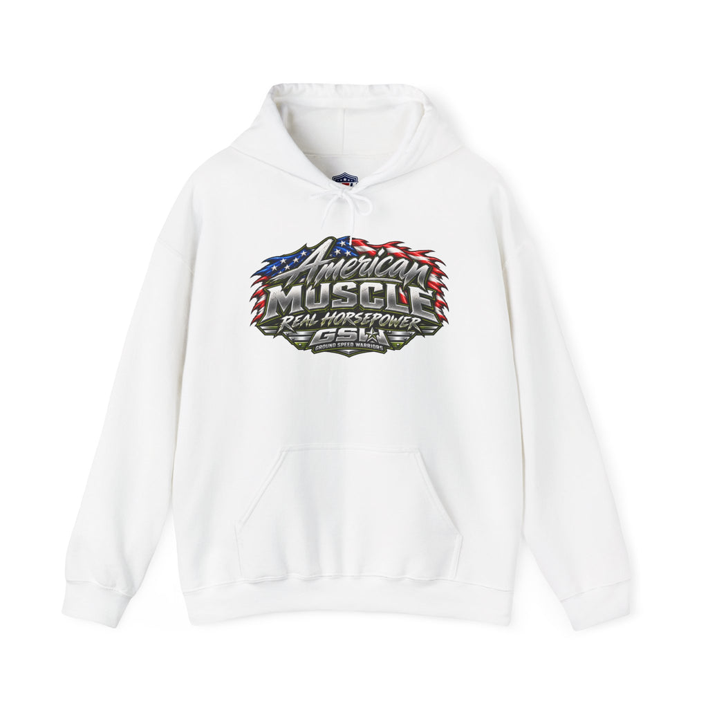 American Muscle Hoodie — 'Real Horsepower' Patriotic Car Enthusiast Sweatshirt
