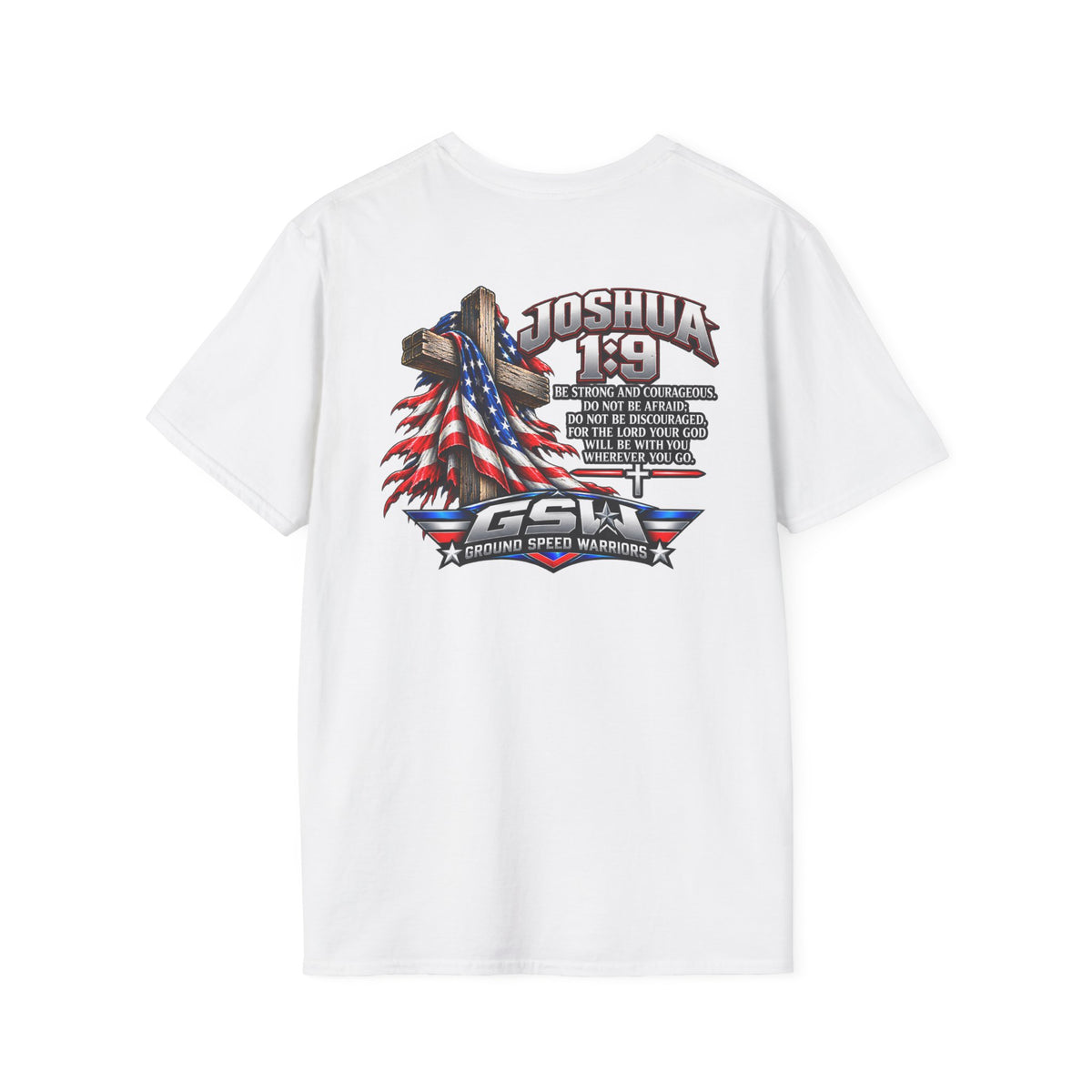Religious T-Shirt — Joshua 1:9 American Flag Cross Faith Tee