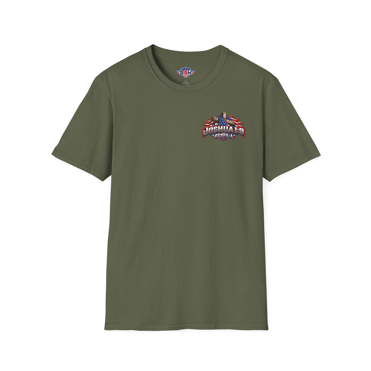 Religious T-Shirt — Joshua 1:9 American Flag Cross Faith Tee