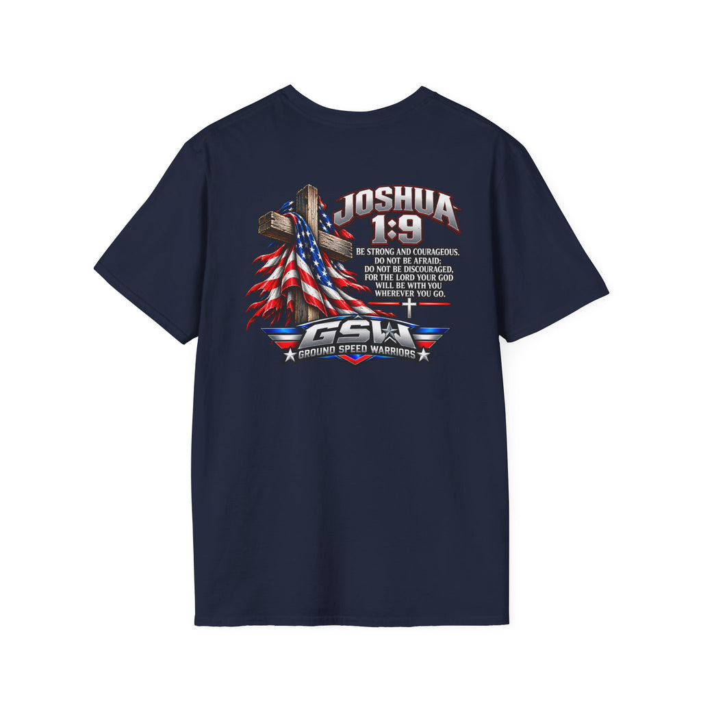 Religious T-Shirt — Joshua 1:9 American Flag Cross Faith Tee