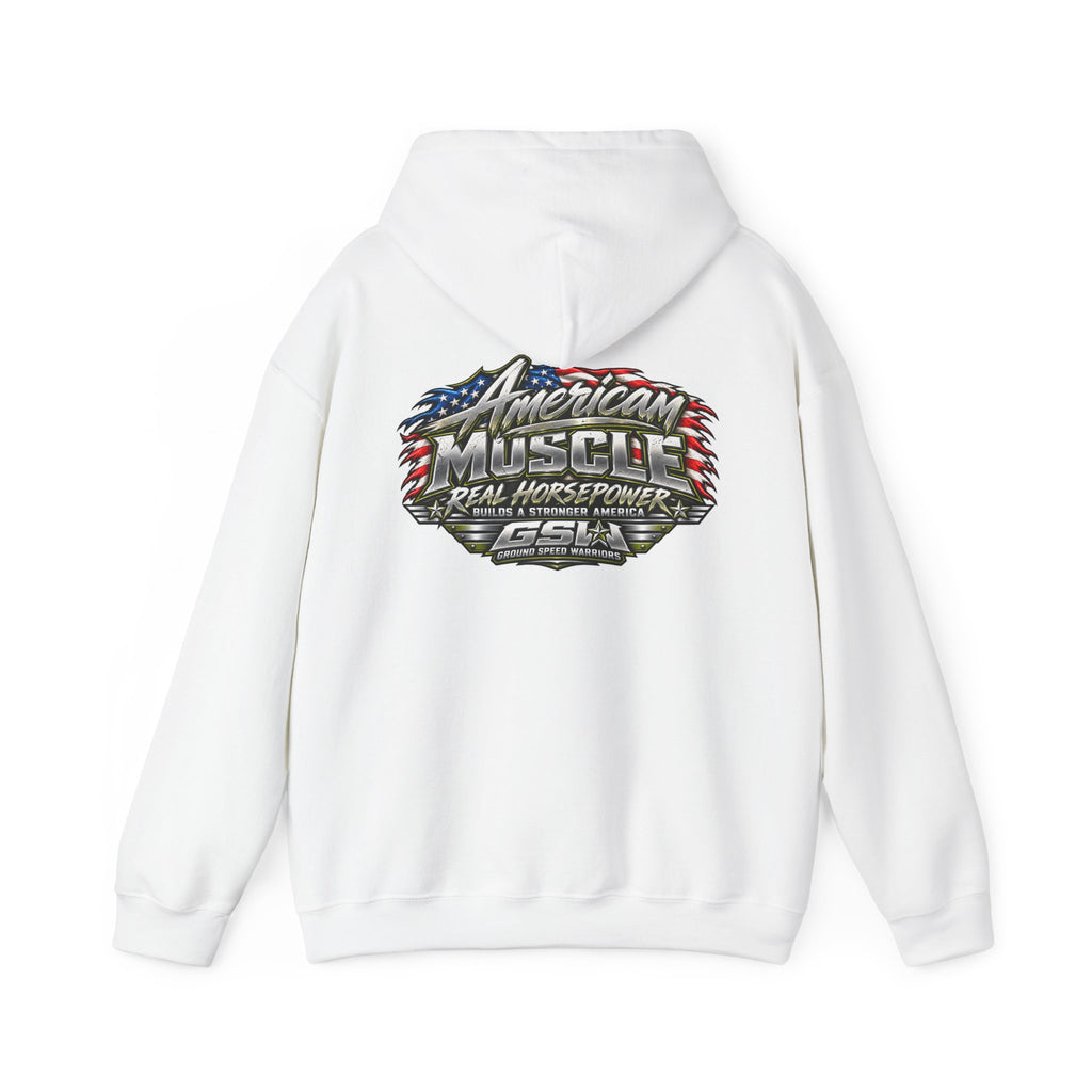 American Muscle Hoodie — 'Real Horsepower' Patriotic Car Enthusiast Sweatshirt