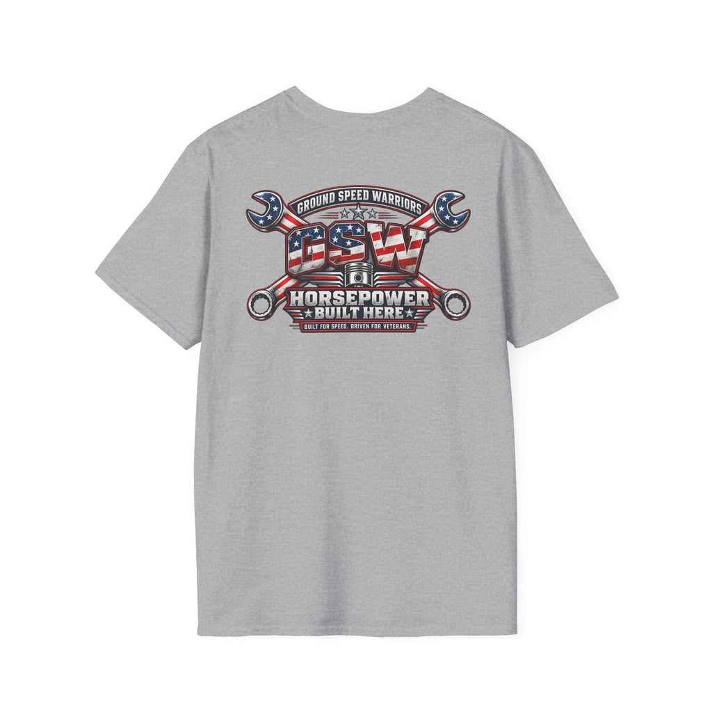 Horsepower Built Here American Flag Garage T-Shirt