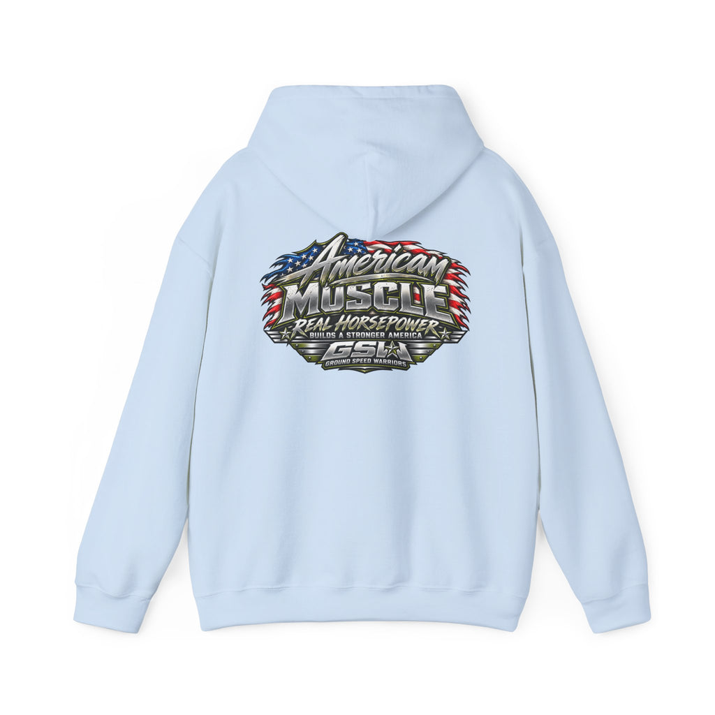 American Muscle Hoodie — 'Real Horsepower' Patriotic Car Enthusiast Sweatshirt