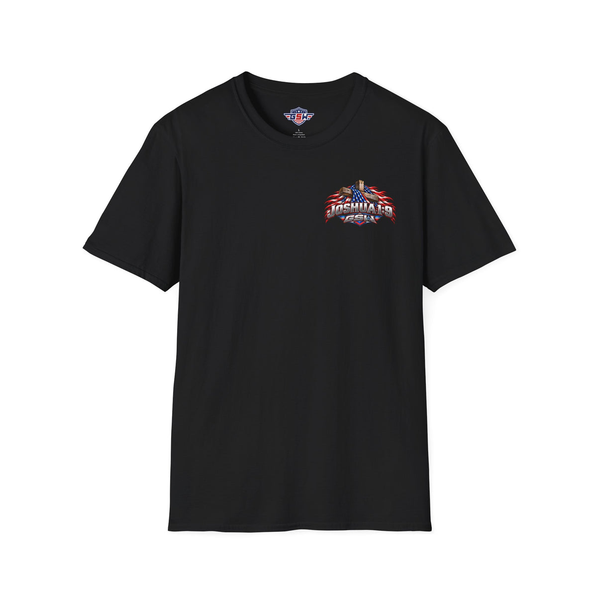 Religious T-Shirt — Joshua 1:9 American Flag Cross Faith Tee