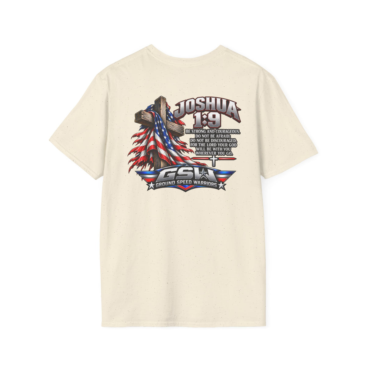 Religious T-Shirt — Joshua 1:9 American Flag Cross Faith Tee