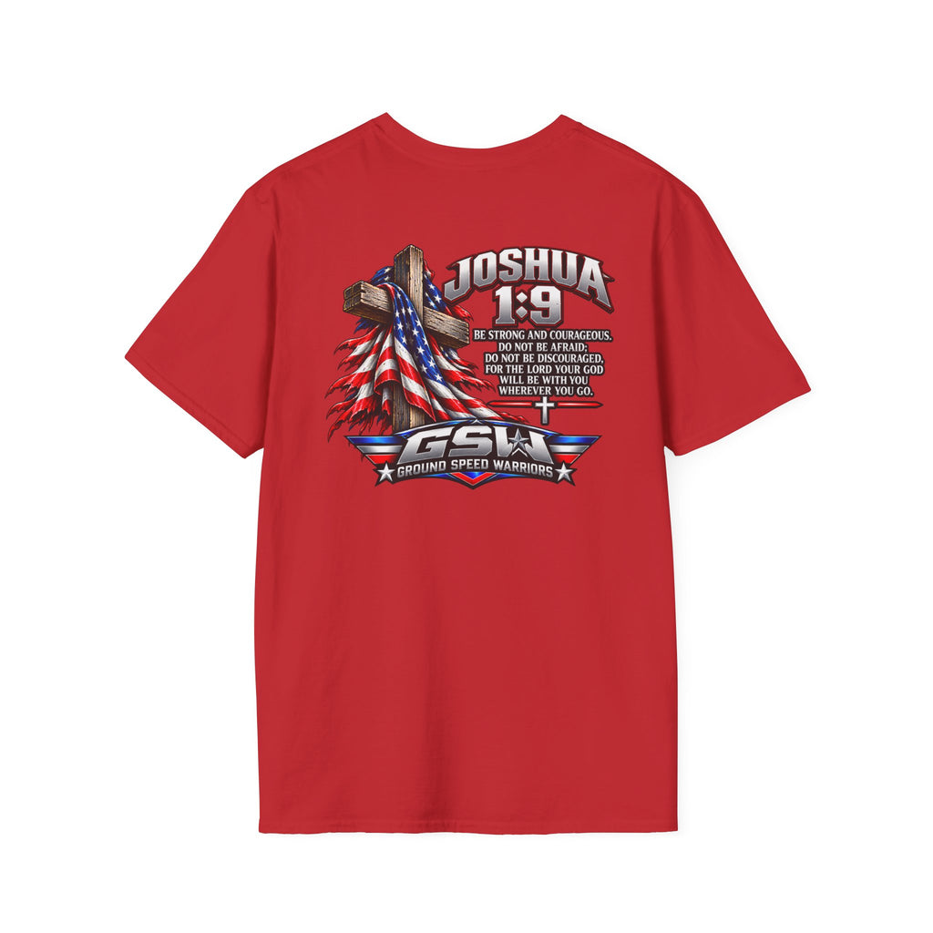 Religious T-Shirt — Joshua 1:9 American Flag Cross Faith Tee