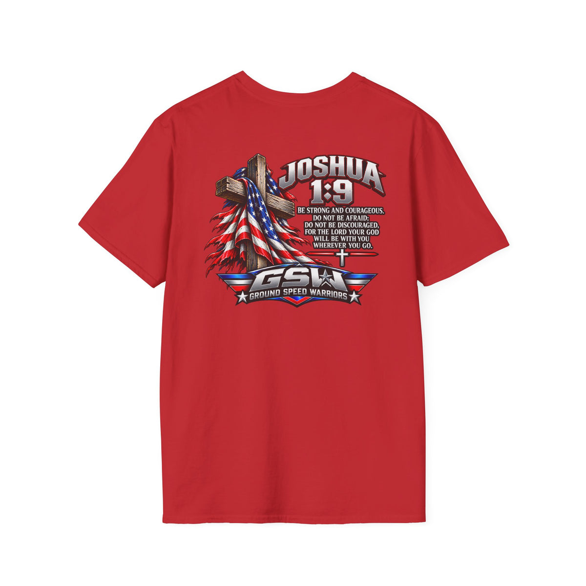 Religious T-Shirt — Joshua 1:9 American Flag Cross Faith Tee