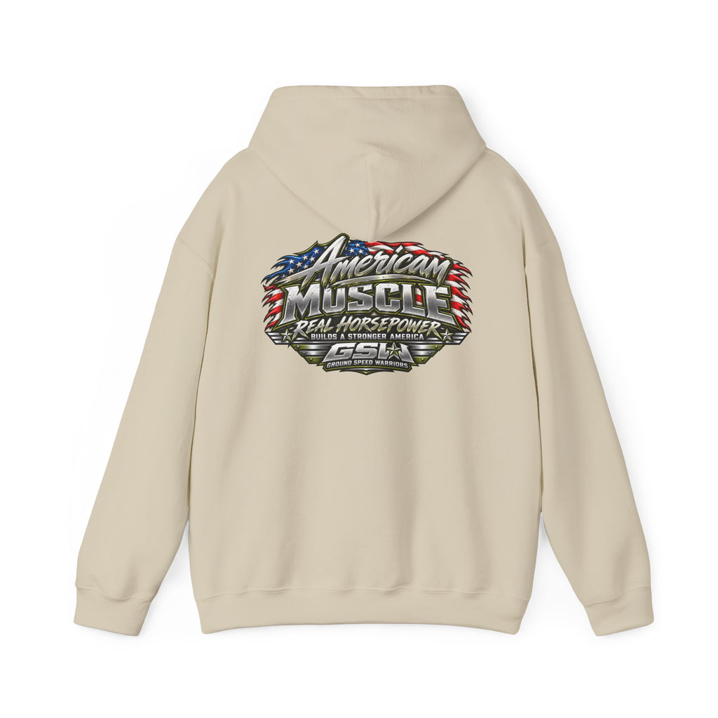 American Muscle Hoodie — 'Real Horsepower' Patriotic Car Enthusiast Sweatshirt
