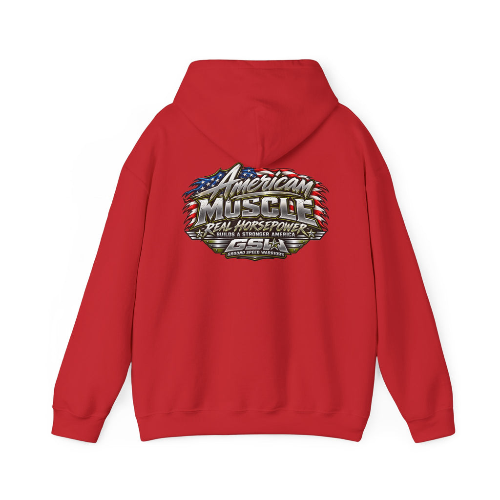American Muscle Hoodie — 'Real Horsepower' Patriotic Car Enthusiast Sweatshirt
