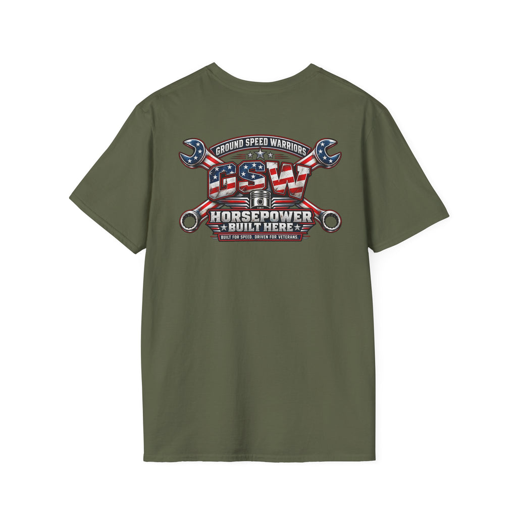Horsepower Built Here American Flag Garage T-Shirt