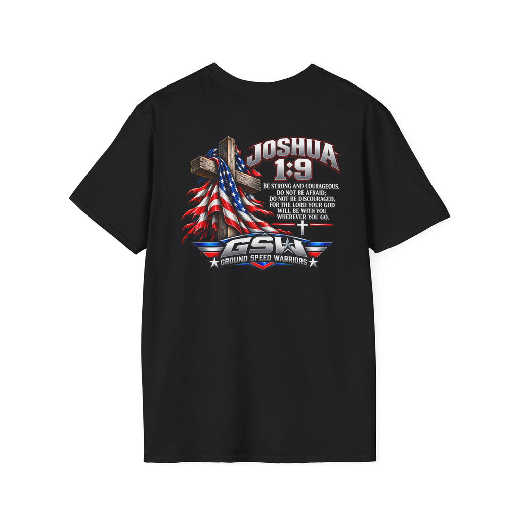 Religious T-Shirt — Joshua 1:9 American Flag Cross Faith Tee