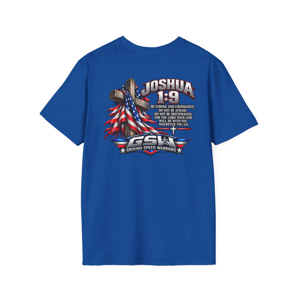 Religious T-Shirt — Joshua 1:9 American Flag Cross Faith Tee