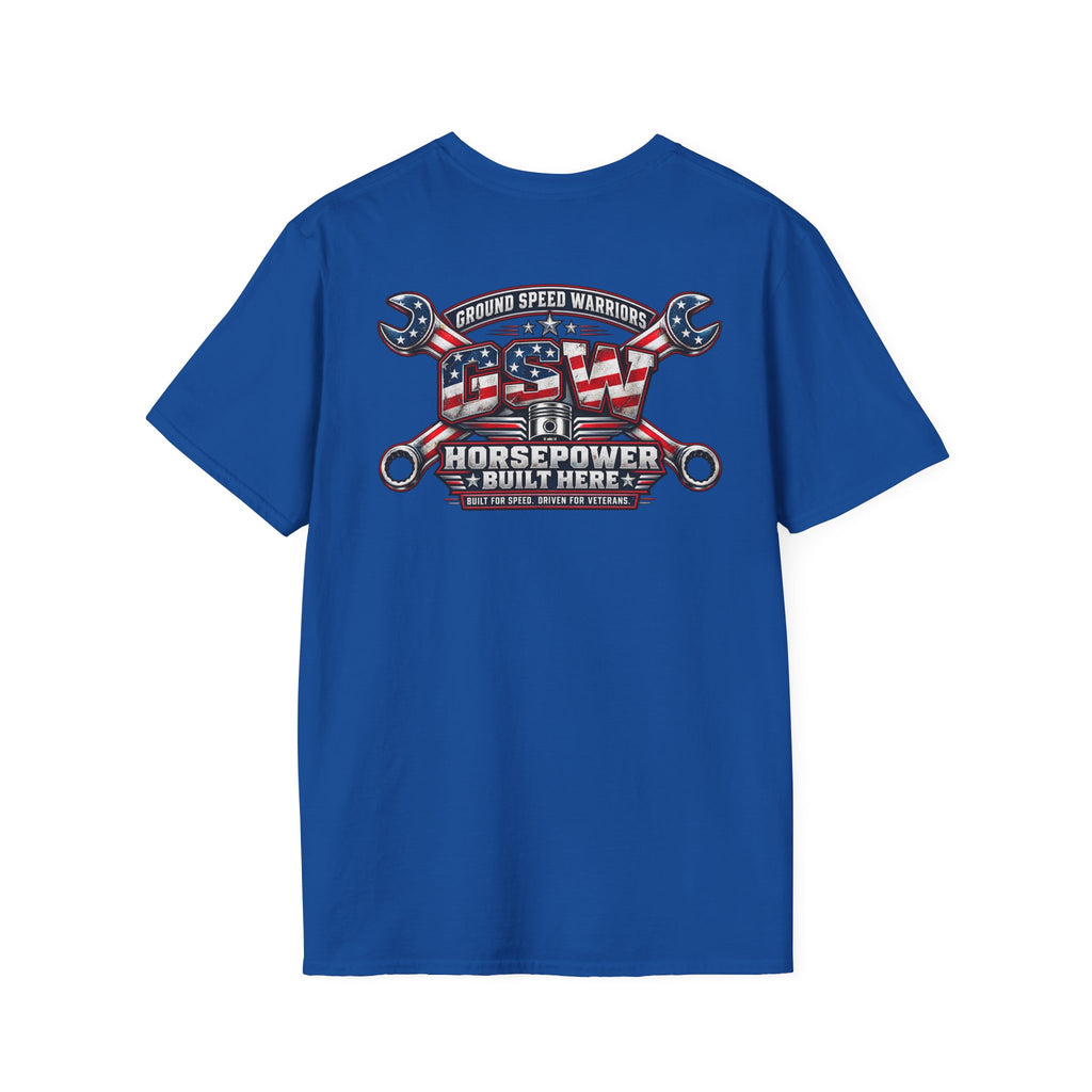 Horsepower Built Here American Flag Garage T-Shirt