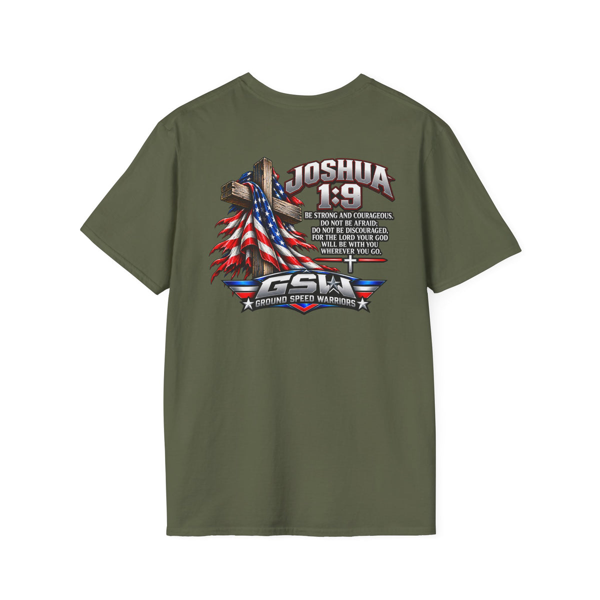 Religious T-Shirt — Joshua 1:9 American Flag Cross Faith Tee