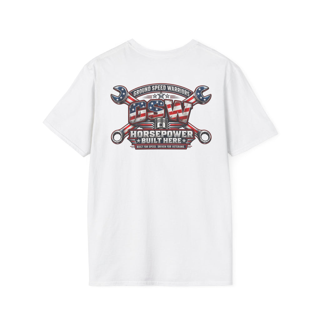 Horsepower Built Here American Flag Garage T-Shirt