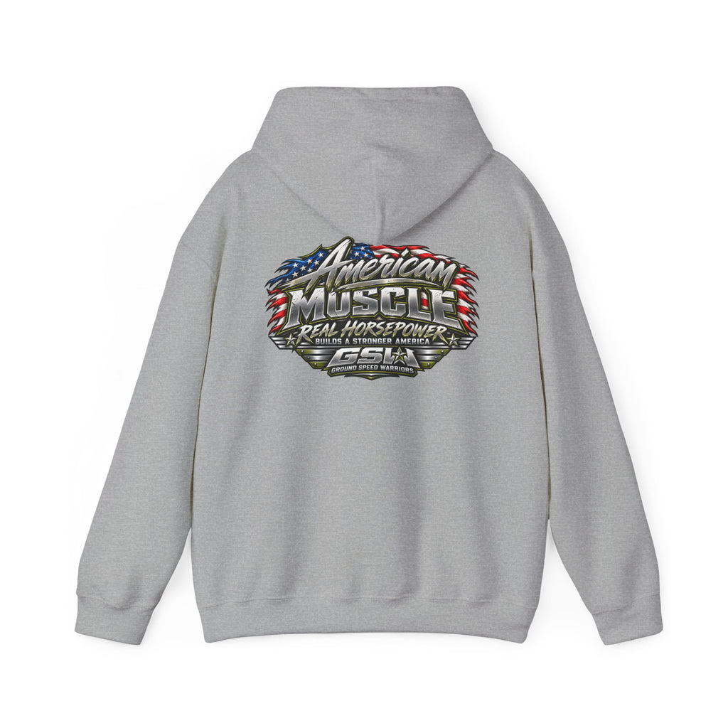 American Muscle Hoodie — 'Real Horsepower' Patriotic Car Enthusiast Sweatshirt